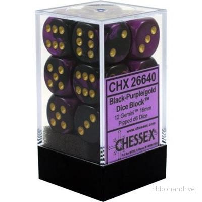 Chessex Gemini 16mm d6 Dice Blocks – Black-Purple with Gold (12 Dice) Chessex Gemini 16mm d6 Dice Blocks – Black-Purple with Gold (12 Dice)
