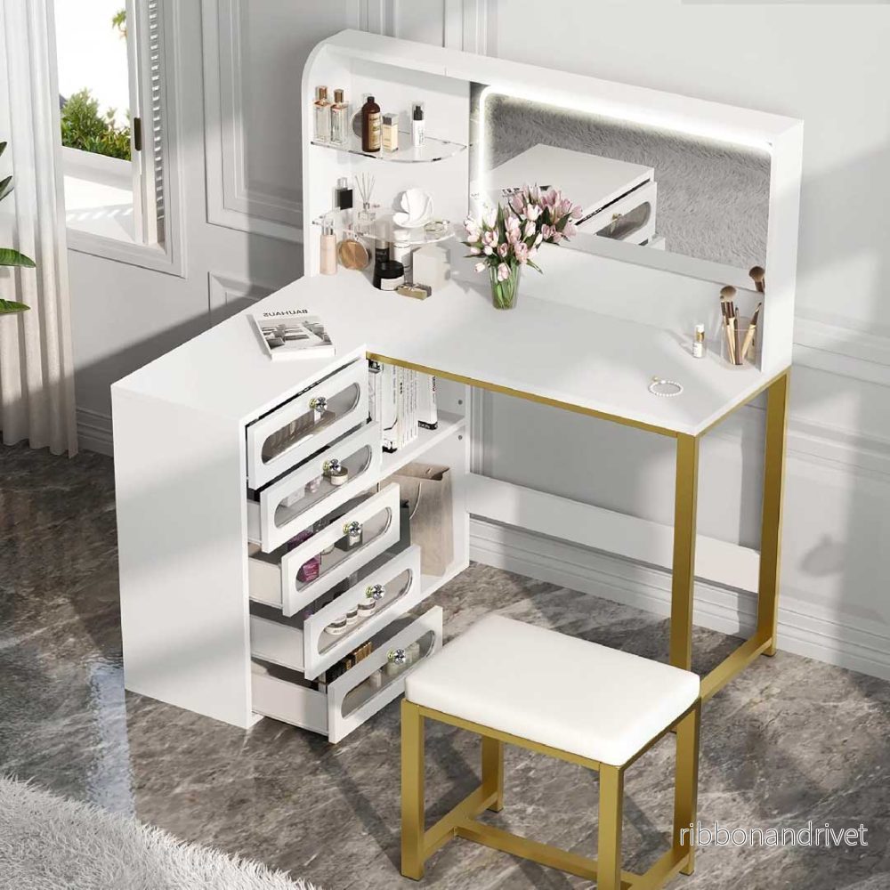 Yelenaro L-sminkbord med LED-spegel och pall – hörnmodell med förvaring - Bild 3