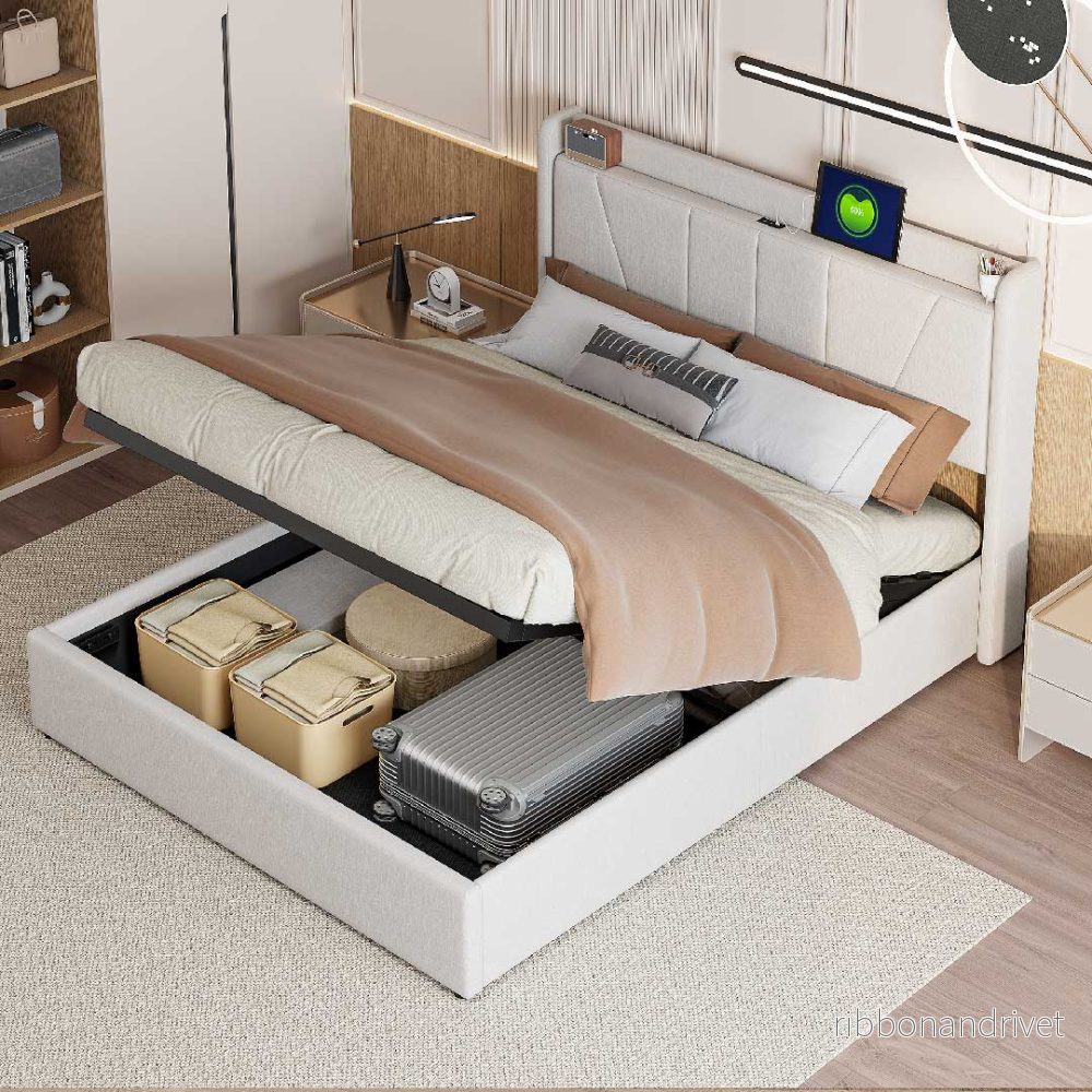 Yelenaro Kontinentalsäng 140/160x200 cm med USB & hydraulisk förvaring – Linne - Bild 3