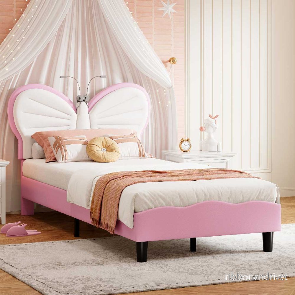 Yelenaro Barnsäng 90x200 cm – Fjäril Klädd säng Rosa med LED-läslampa & höj- och sänkbart huvudgavel - Bild 2