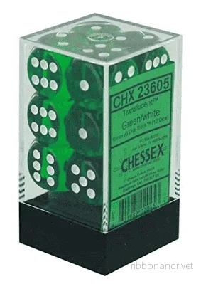 Chessex Genomskinliga 16mm d6 med prickar Tärningsblock (12 Tärningar) - Grön med vit