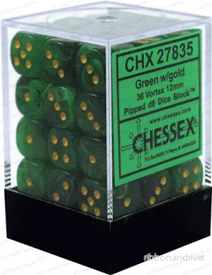 Chessex Signature 12mm d6 med pips Tärningsblock (36 Tärningar) - Vortex Grön med Guld - Bild 2