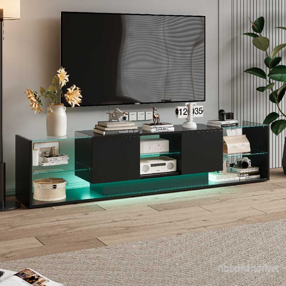 Yelenaro LED TV-bänk 200 cm – med glashyllor & lådor - Bild 3