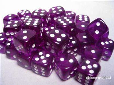 Chessex Translucent 12mm d6 med pips Tärningsblock (36 Tärningar) – Lila med Vita