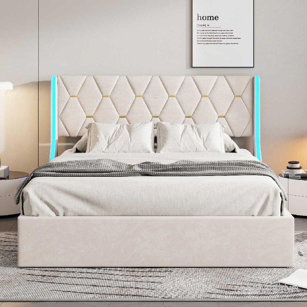 Yelenaro kontinentalsäng med förvaring och LED, sammet, 140/160x200 cm, beige