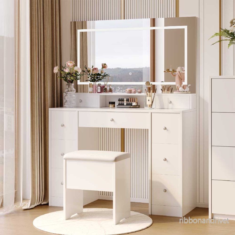 Yelenaro Sminkbord med LED-spegel – Modernt Vitt Toalettbord med 9 Lådor & Pall - Bild 3
