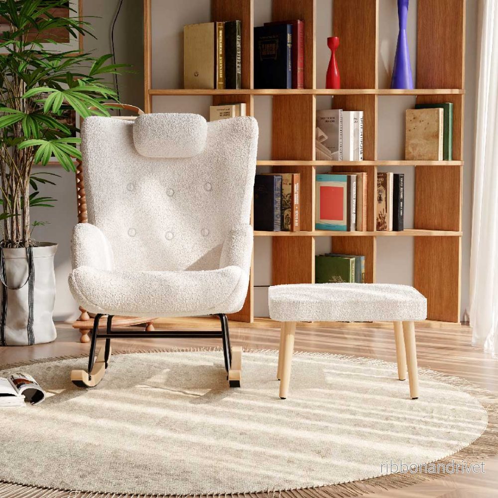 Yelenaro Bouclé gungstol med pall – Ammings- och relaxfåtölj med nackstöd - Bild 2