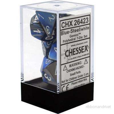 Chessex Gemini Polyhedral 7-Die Set - Blå-Stål med vit
