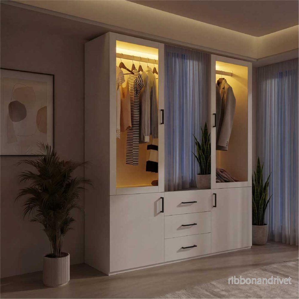 Yelenaro garderob med LED & glas 130 cm – 4 dörrar, spegel & lådor, modernt designskåp vit - Bild 3