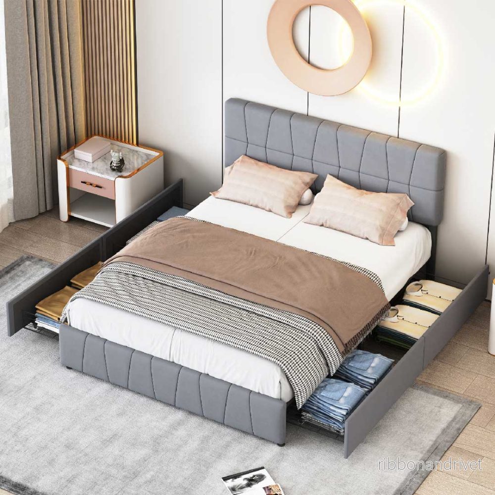 Yelenaro Kontinentalsäng 160×200 cm med 4 lådor – Dubbelsäng i sammet med justerbar sänggavel, ribbotten & förvaring, Grå - Bild 2