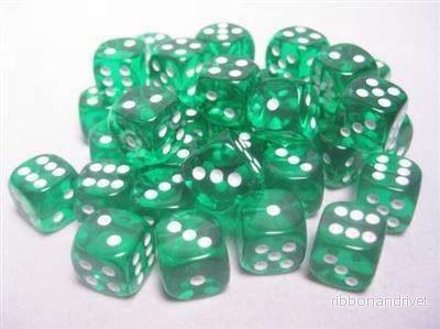 Chessex Translucent 12mm d6 med pips Tärningsblock (36 tärningar) - Grön med vit