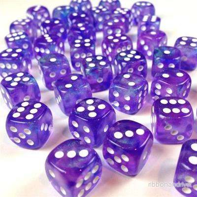 Chessex Borealis 12mm d6 Lila/Vit Luminary Tärningar Block (36 tärningar) Chessex Borealis 12mm d6 Lila/Vit Luminary Tärningar Block (36 tärningar)