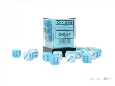 Gemini 12mm D6 Pearl Turquoise-White/Blue Luminary Dice Block (36 Dice)