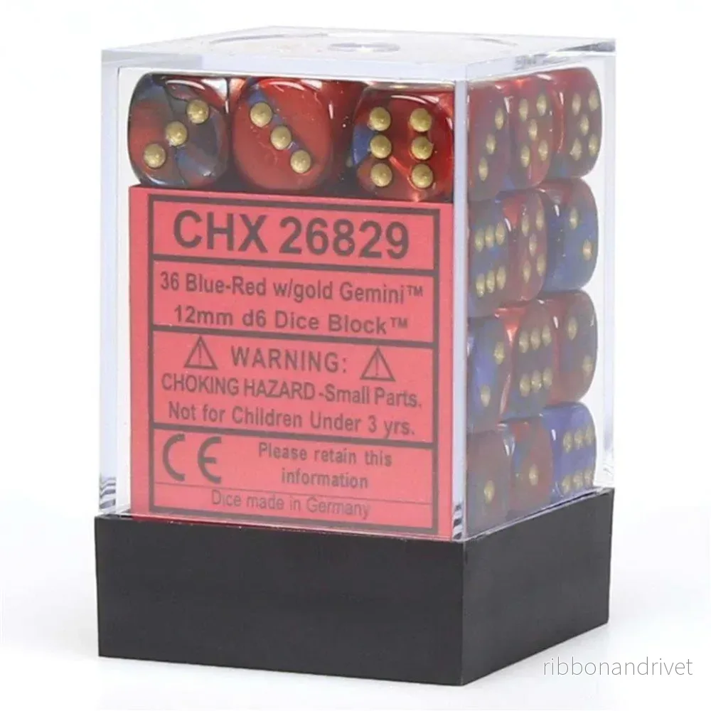 Chessex Gemini 12mm d6 Dice Blocks (36 Dice) – Blue-Red w/gold