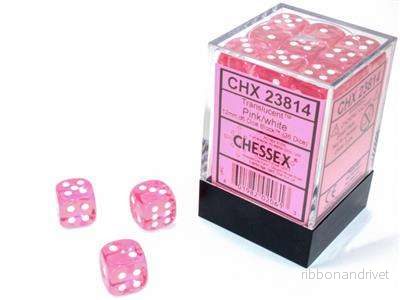 Chessex Translucent Pink/White 12mm d6 Tärningar Block (36 Tärningar)