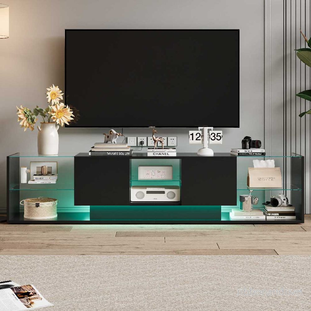 Yelenaro LED TV-bänk 200 cm – med glashyllor & lådor Yelenaro LED TV-bänk 200 cm – med glashyllor & lådor