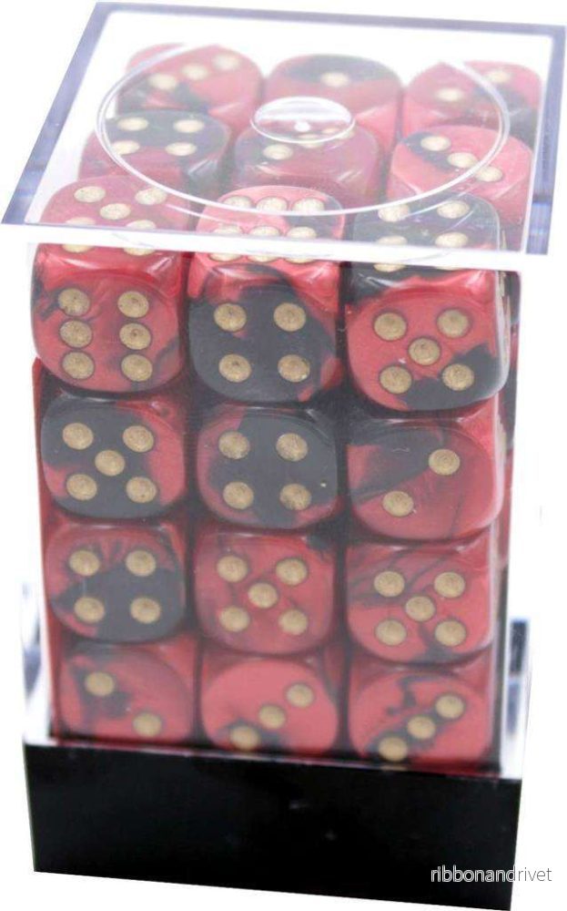 Chessex Gemini 12mm D6 Tärningsblock (36 Tärningar) – Svart-Röd med Guld