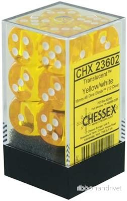 Chessex Translucent 16mm d6 med Pips Tärningsblock (12 Tärningar) - Gul med Vit