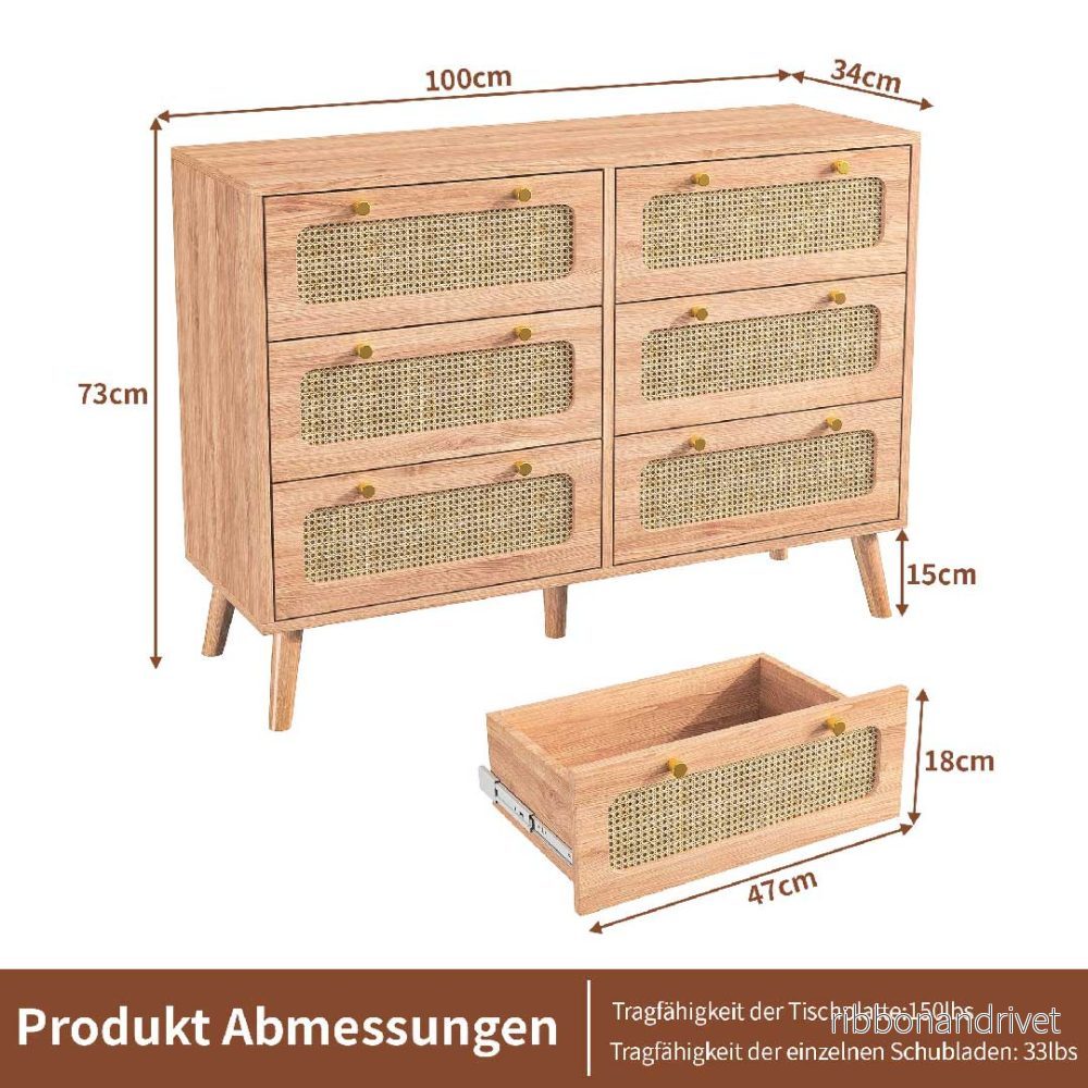 Yelenaro Rottingbyrå 100 cm med 6 lådor, Skänk i trä, Modern & Naturlig - Bild 3