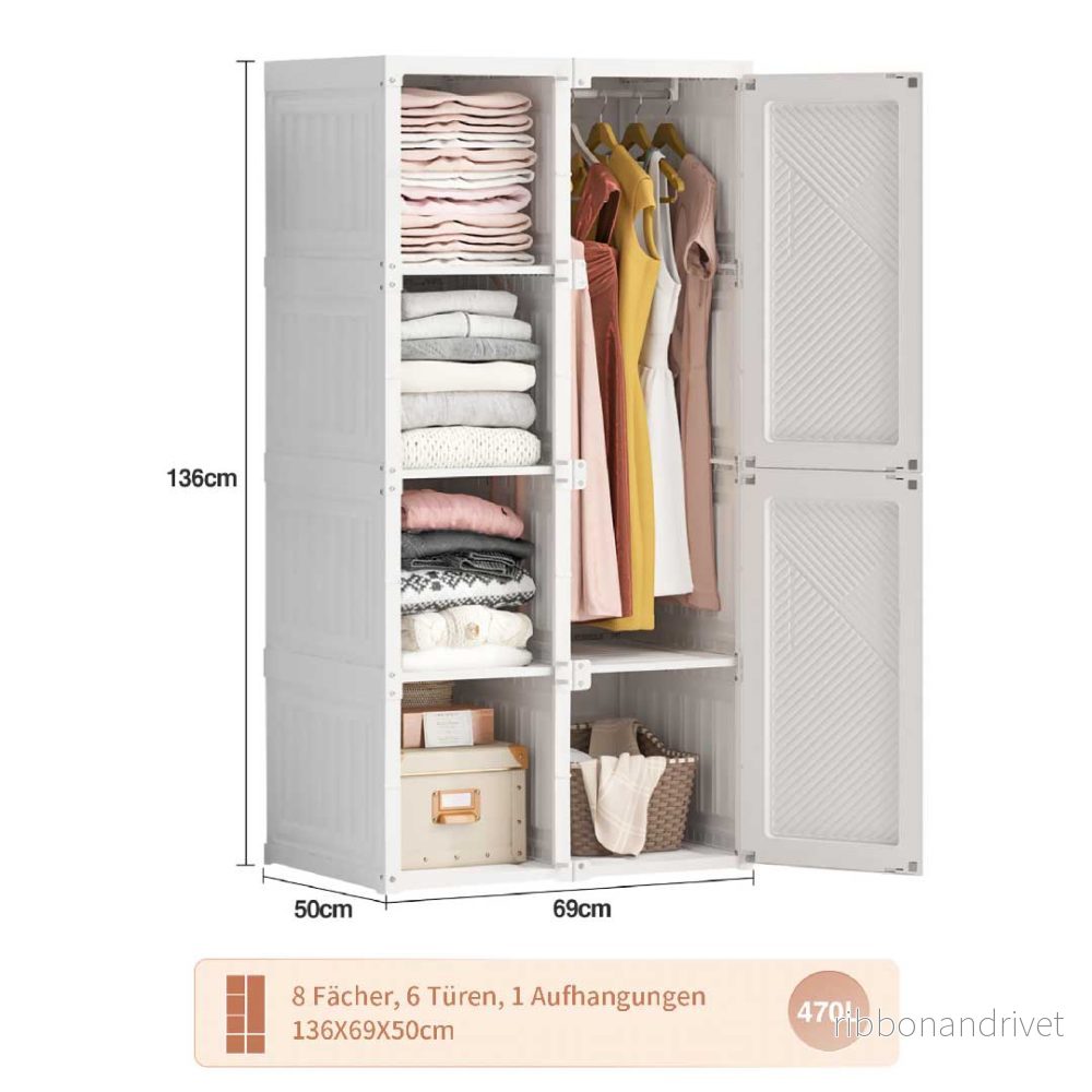 Yelenaro Hopfällbar Garderob Vit 136 cm – 6 dörrar, klädstång, ingen montering - Bild 3