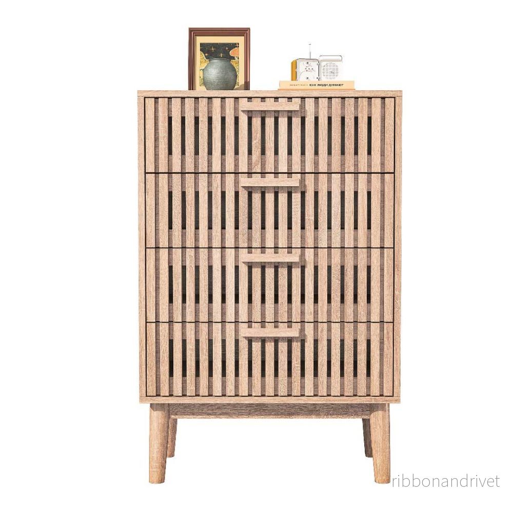 Yelenaro träbyrå med 4 räfflade lådor, Modernt sidobord - Bild 2