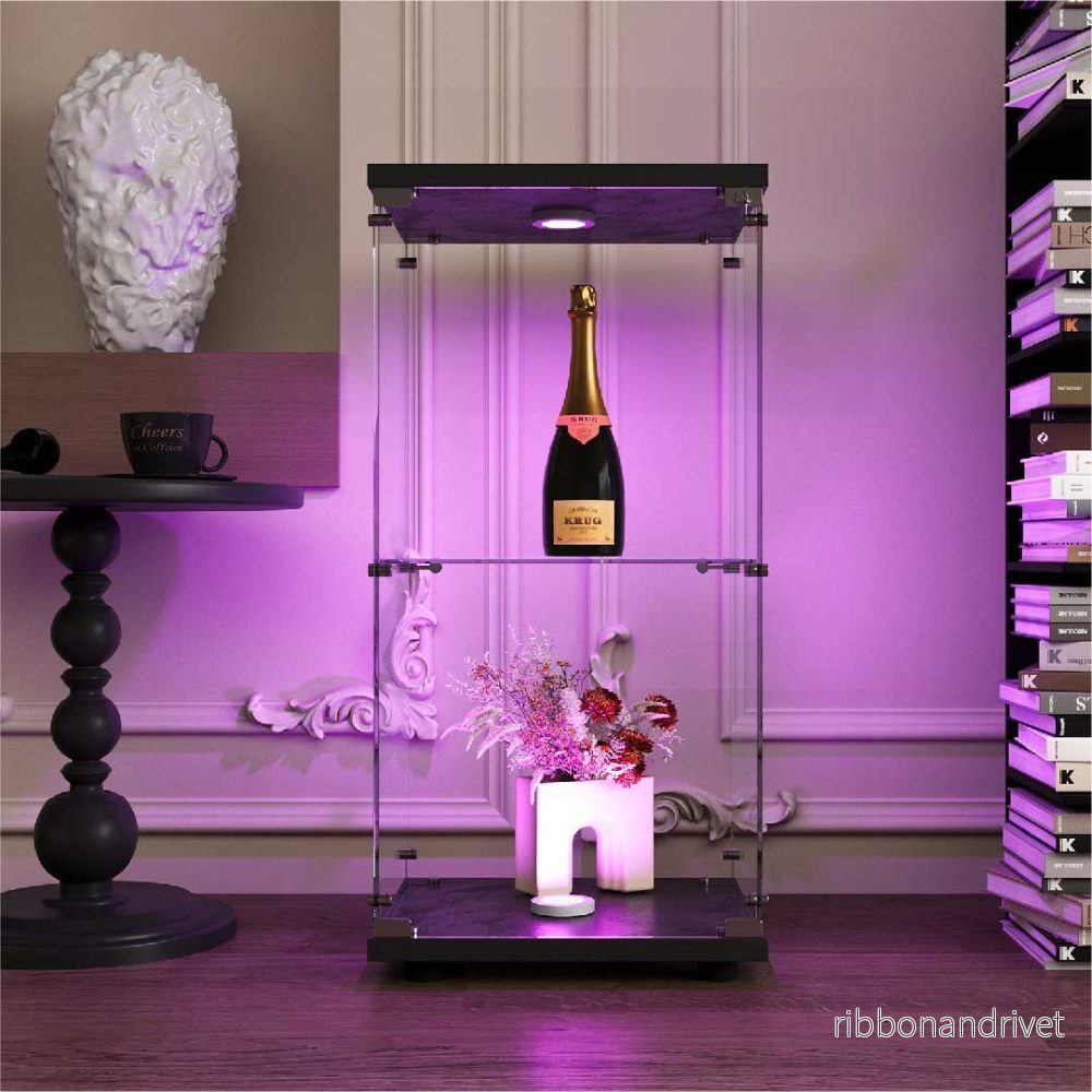 LED-glasmonter med lås – 2-vånings glasskåp, samlarmonter i trä och glas - Bild 3