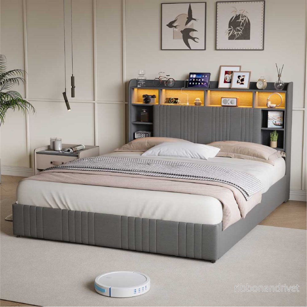 Yelenaro klädd säng med förvaring i sänggaveln, LED & USB – Säng 90×200 / 140×200 / 160×200 med 2 lådor Yelenaro klädd säng med förvaring i sänggaveln, LED & USB – Säng 90×200 / 140×200 / 160×200 med 2 lådor