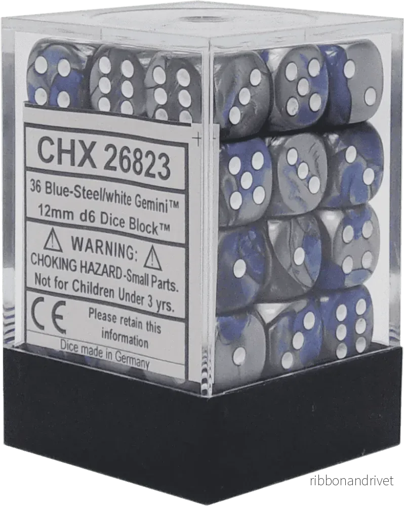 Chessex Gemini 12mm d6 Dice Blocks – Blue-Steel with White (36 Dice)