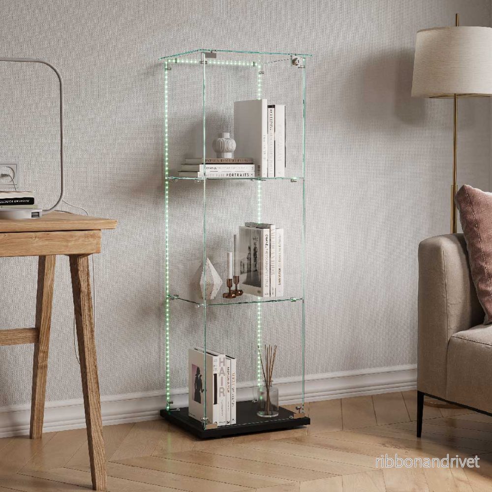 Yelenaro glasmonter med LED-belysning – Låsbar fristående monter i ESG-glas, 123 cm, vit/svart, 3 hyllor - Bild 2
