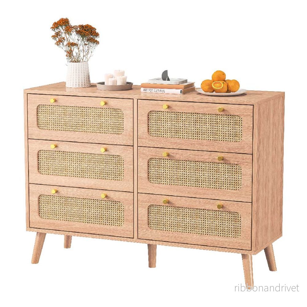 Yelenaro Rottingbyrå 100 cm med 6 lådor, Skänk i trä, Modern & Naturlig - Bild 2