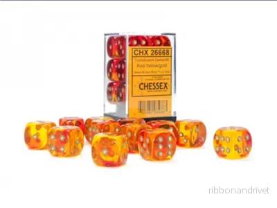 Gemini 16mm D6 Genomskinlig Röd-Gul/Guld Tärningsblock (12 tärningar)