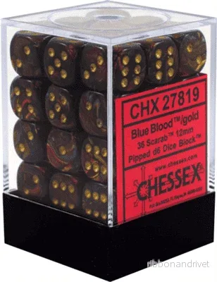 Chessex Signature 12mm d6 Tärningsblock (36 Tärningar) - Scarab Blue Blood med Guld