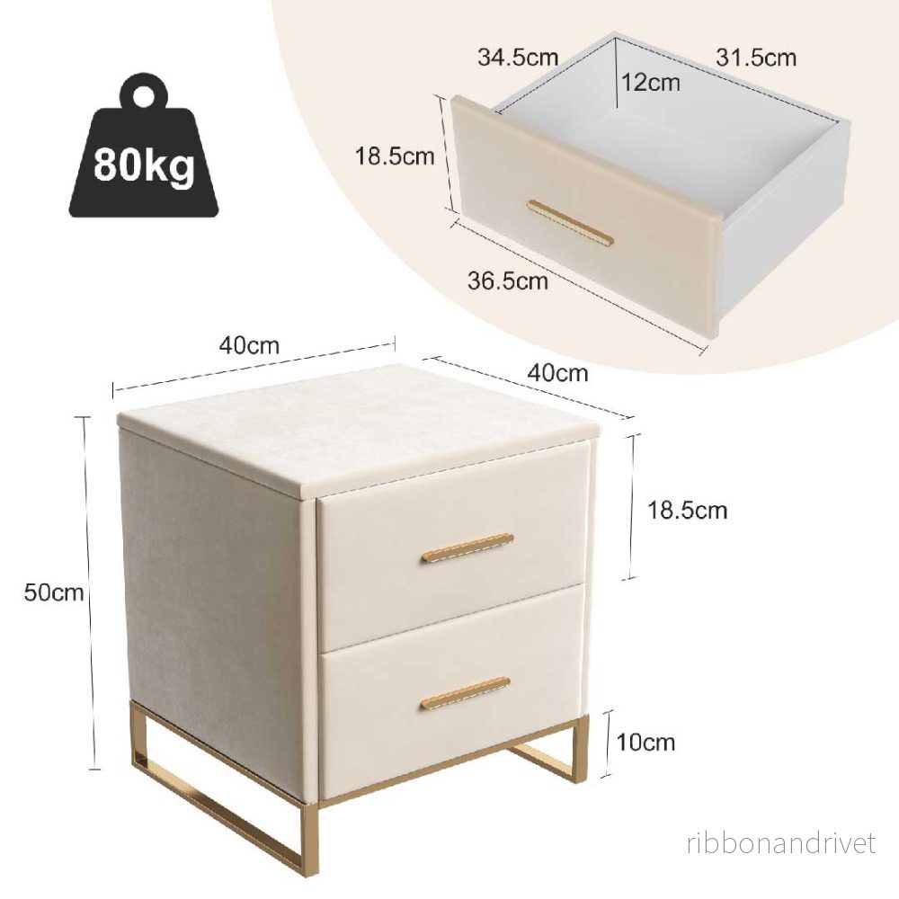 YELENARO Nattduksbord 2-pack i sammet – Beige med gulddetaljer & 2 lådor - Bild 3