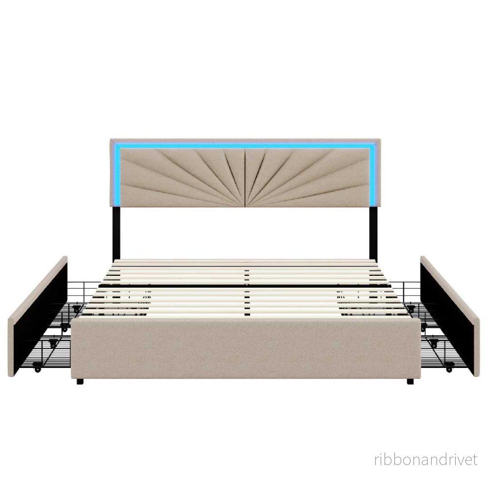 YELENARO tygstoppad säng med 4 lådor och LED – 140/160×200 cm - Bild 2