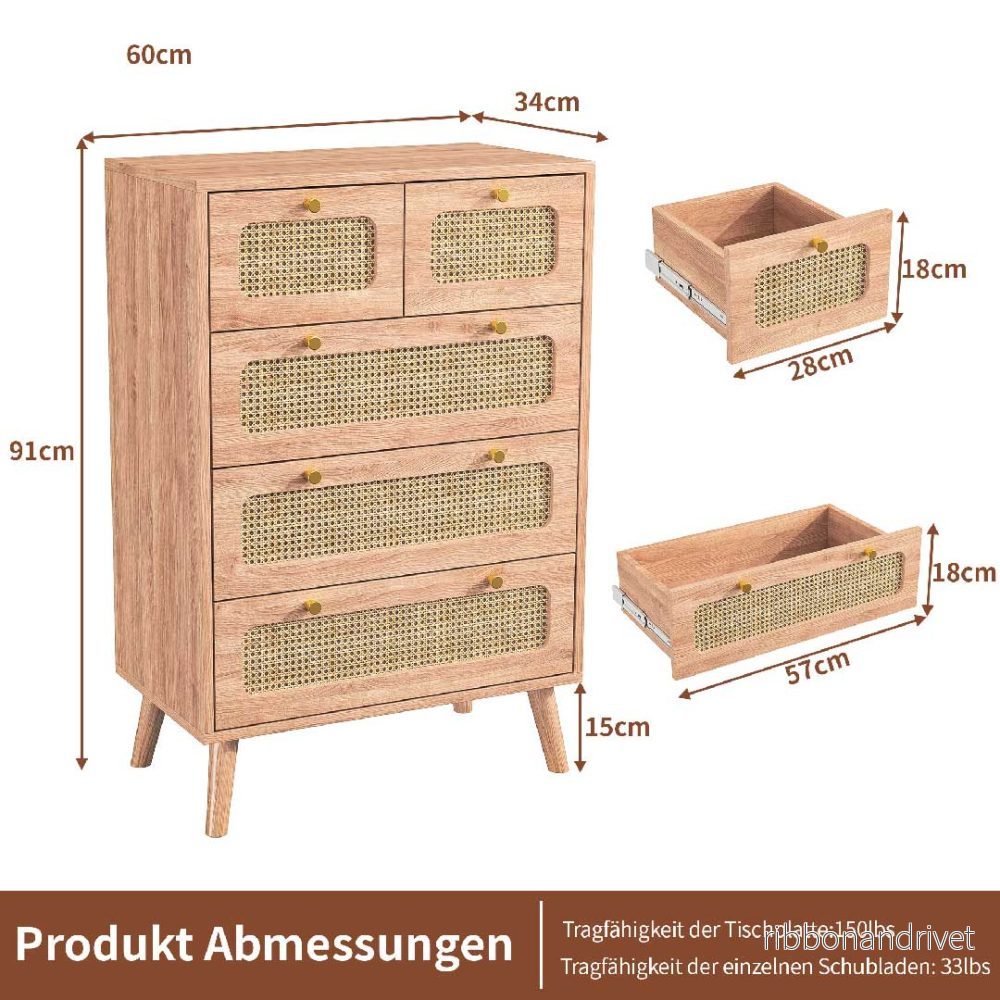 Yelenaro rottingbyrå med 5 lådor, sidoskåp i trä, 60×34×91 cm - Bild 3