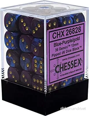 Chessex Gemini 12mm d6 Dice Blocks – Blue-Purple w/Gold (36 Dice)