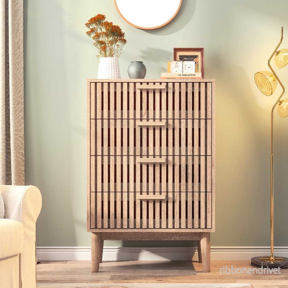 Yelenaro träbyrå med 4 räfflade lådor, Modernt sidobord Yelenaro träbyrå med 4 räfflade lådor, Modernt sidobord