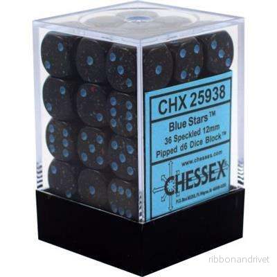 Chessex Spräckliga 12mm d6 Tärningsblock med Pips (36 Tärningar) - Blå Stjärnor