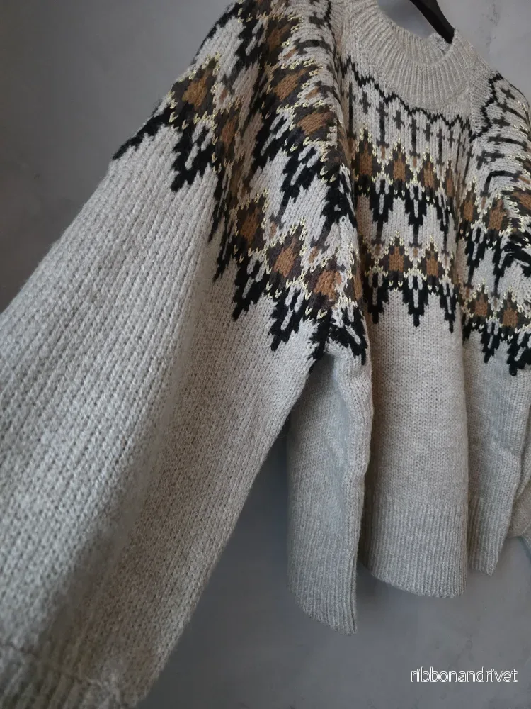 STICKAD TRÖJA Beige/grå Mönstrad - Bild 3
