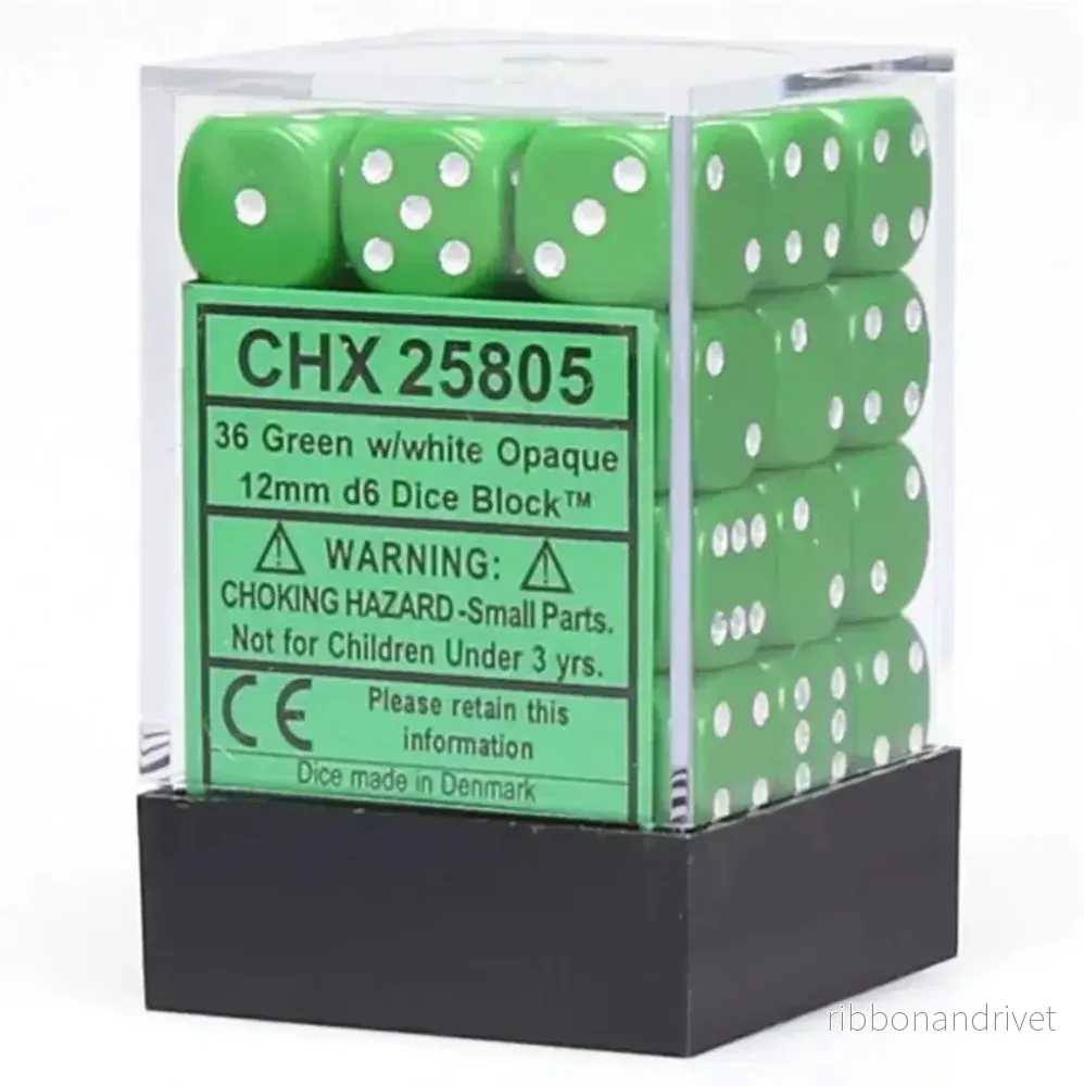 Chessex Opaque 12mm d6 Dice Blocks - Grön med Vita Prickar (36 Dice)