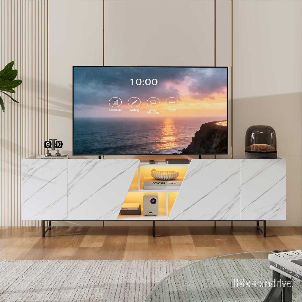 YELENARO TV-bänk 220 cm med LED – Vit marmorlook YELENARO TV-bänk 220 cm med LED – Vit marmorlook