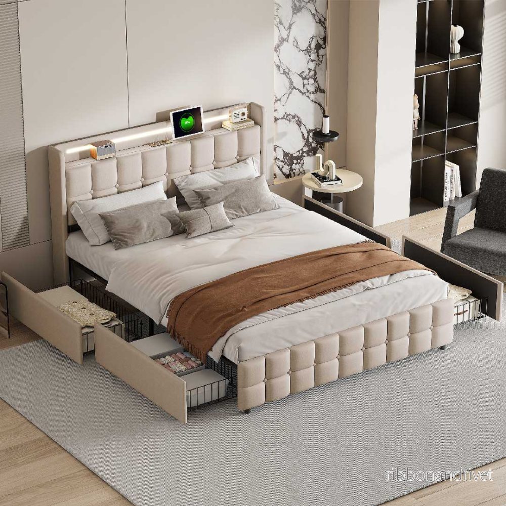 Yelenaro Linnesäng 160/180×200 cm med LED, USB & 4 lådor - Bild 2