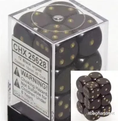 Chessex Opaque 16mm d6 tärningar med pips - Svart med guld (12 st) - Bild 3