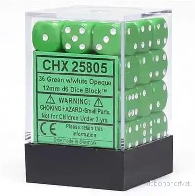 Chessex Opaque 12mm d6 Dice Blocks - Grön med Vita Prickar (36 Dice) - Bild 2