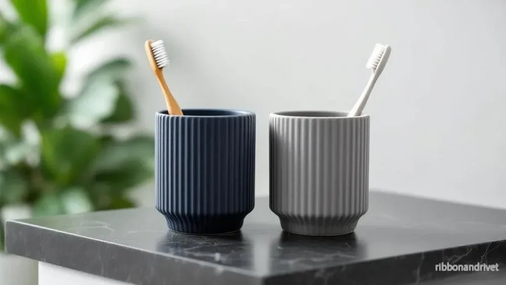 Set med två eleganta ribbade tandborstmuggar