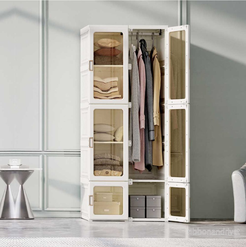 Yelenaro Hopfällbar Garderob Smal & Hög 170 cm med 6 transparenta dörrar & klädstång Yelenaro Hopfällbar Garderob Smal & Hög 170 cm med 6 transparenta dörrar & klädstång
