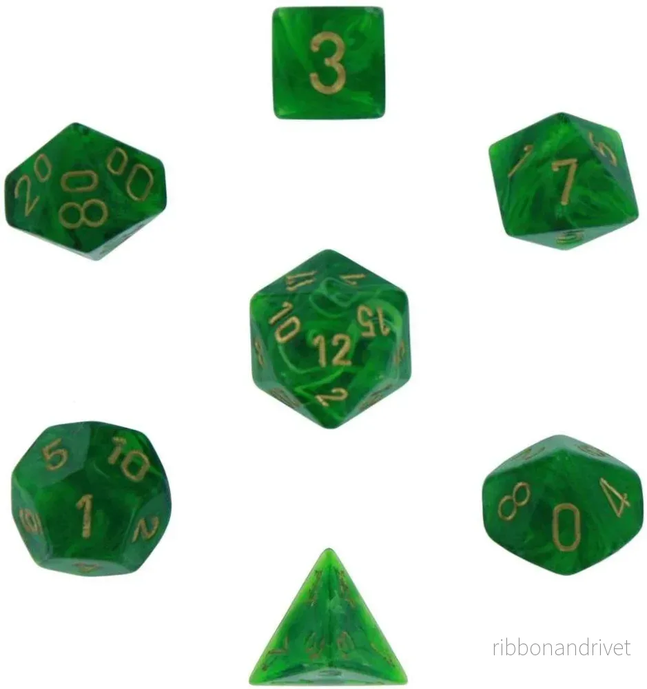 Chessex Vortex 7-Tärningsset – Grön med Guld