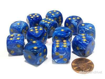 Chessex 16mm d6 med pips Tärningsblock (12 Tärningar) – Vortex Blue med guld Chessex 16mm d6 med pips Tärningsblock (12 Tärningar) – Vortex Blue med guld