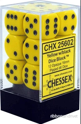 Chessex Opaque 16mm d6 Dice Blocks – Gula med svarta (12 Dice) Chessex Opaque 16mm d6 Dice Blocks – Gula med svarta (12 Dice)