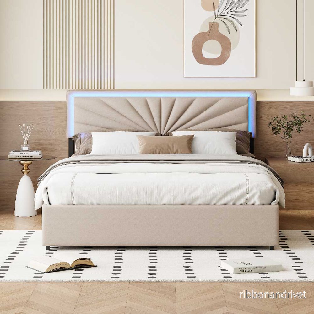 YELENARO tygstoppad säng med 4 lådor och LED – 140/160×200 cm